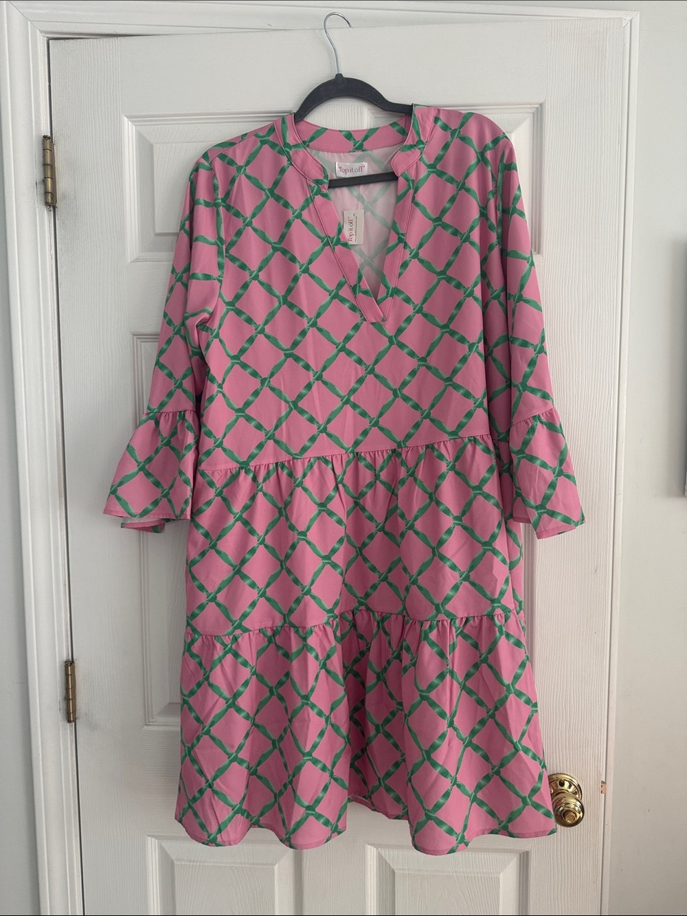 Top It Off Pink & Green Lattice Tiered Midi Dress